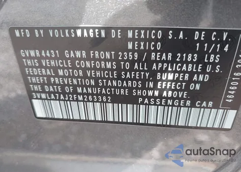 2015 Volkswagen Jetta 2.0L Tdi Se z USA, uszkodzony, nr VIN 3VWLA7AJ2FM263362